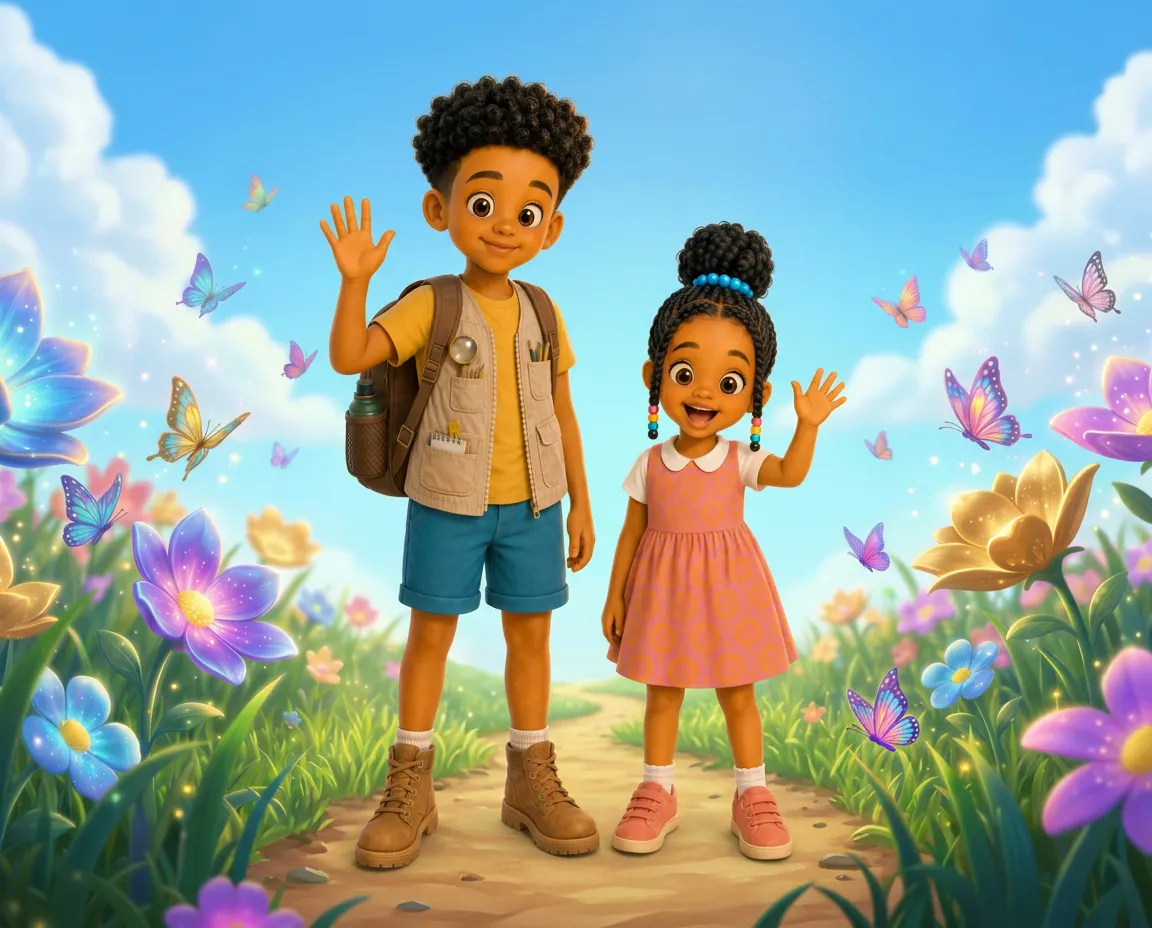 SoSo and SuSu waving hello in a colourful adventure meadow
